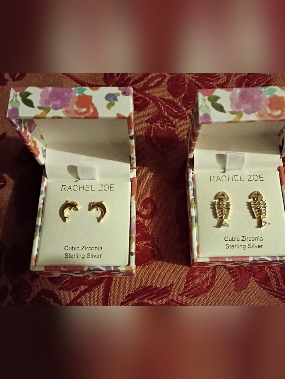 Gold Plated Sterling Silver Dolphin and Fishbone Stud Earrings Set